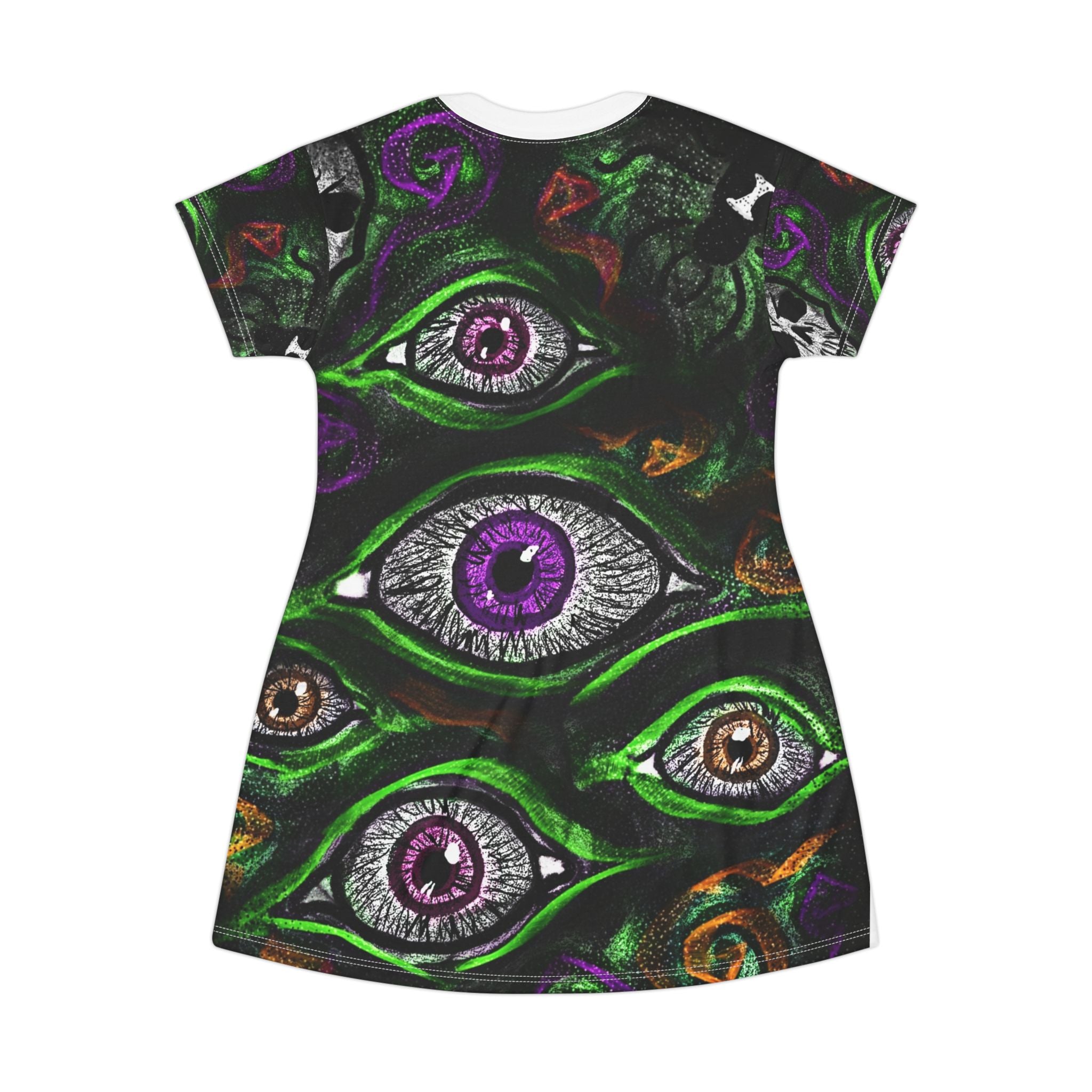 Spooky Graphic T-Shirt Dress - Gaze of the Occult, Halloween Fashion, Witchy Apparel, Festival Wear, Alternative Style