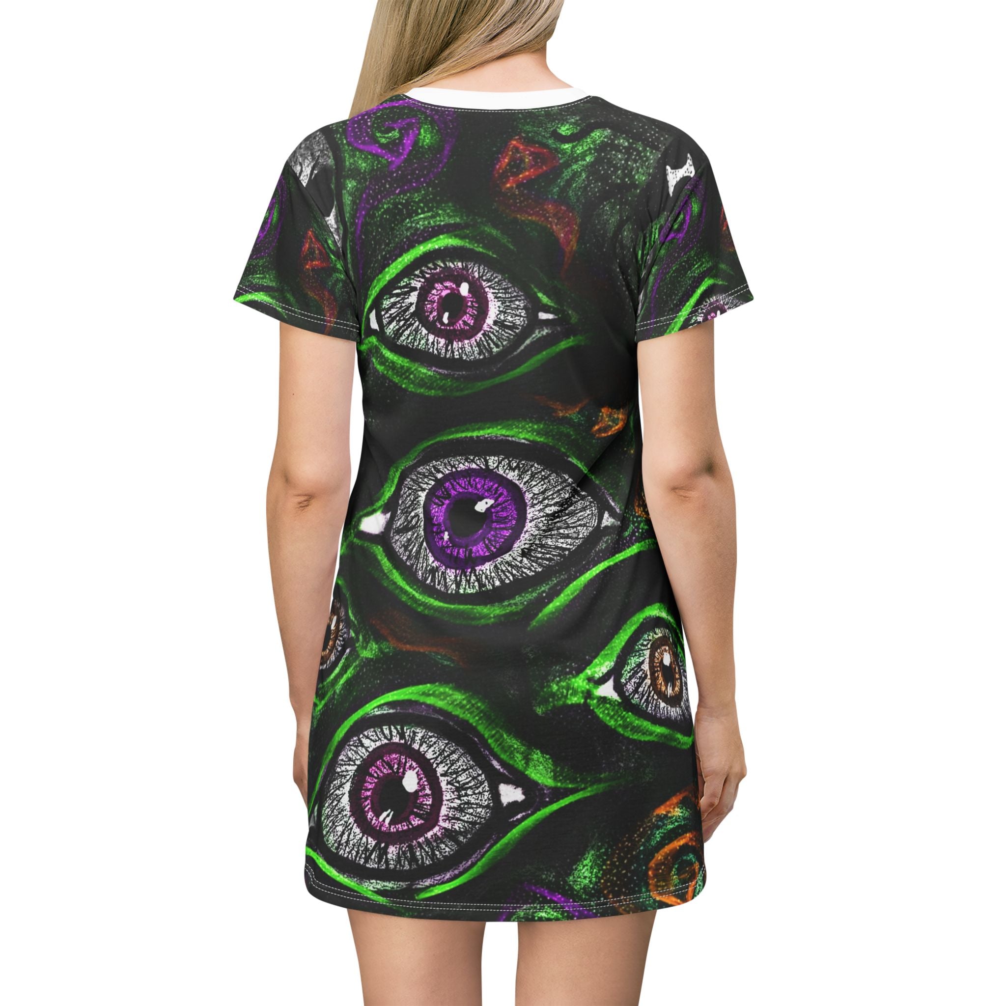 Spooky Graphic T-Shirt Dress - Gaze of the Occult, Halloween Fashion, Witchy Apparel, Festival Wear, Alternative Style