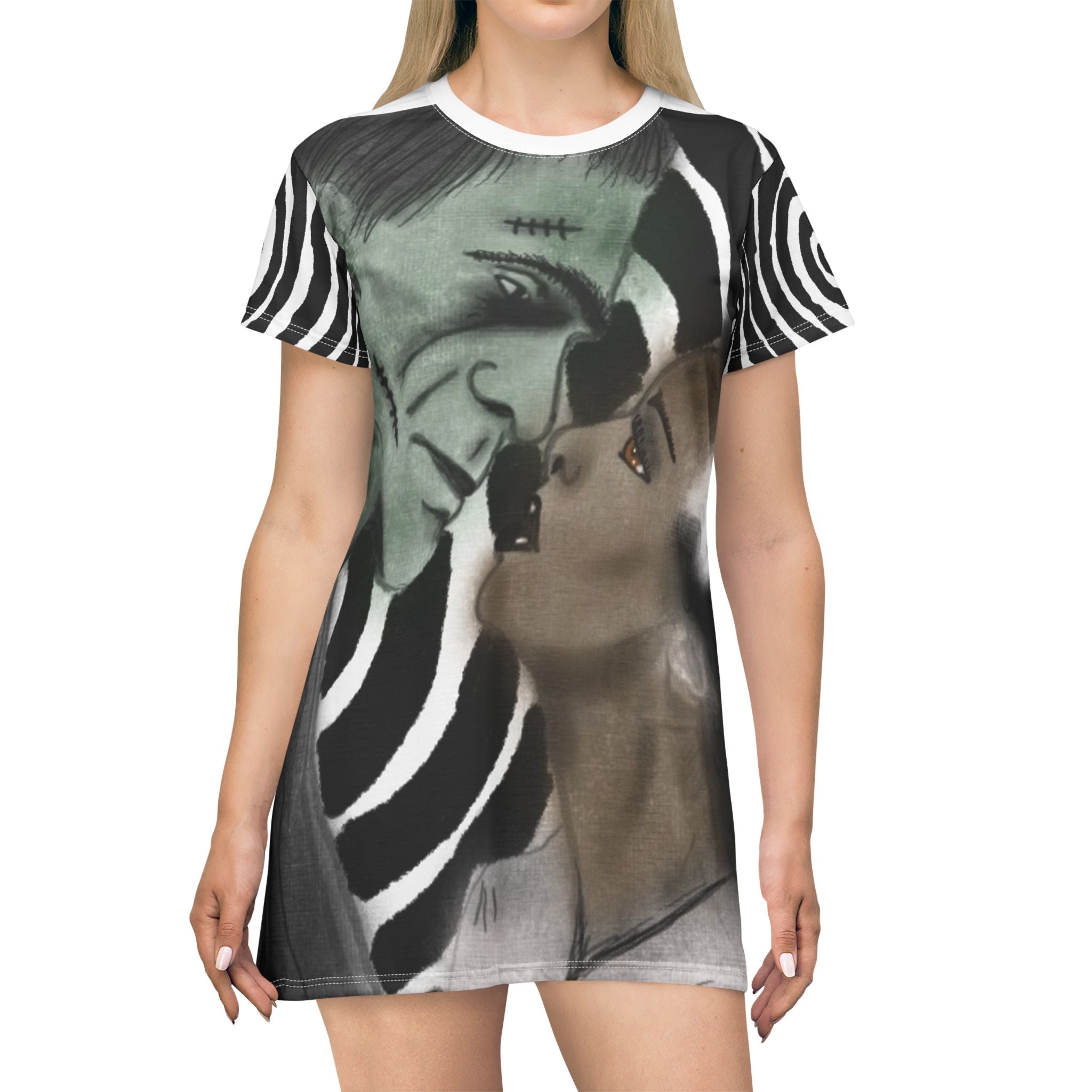 Spooky Romance T-Shirt Dress, Halloween Dress, Unique Graphic Dress, AOP Fashion, Casual Party Outfit