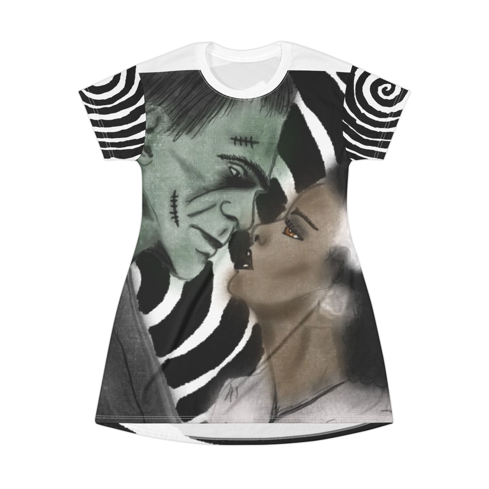 Spooky Romance T-Shirt Dress, Halloween Dress, Unique Graphic Dress, AOP Fashion, Casual Party Outfit