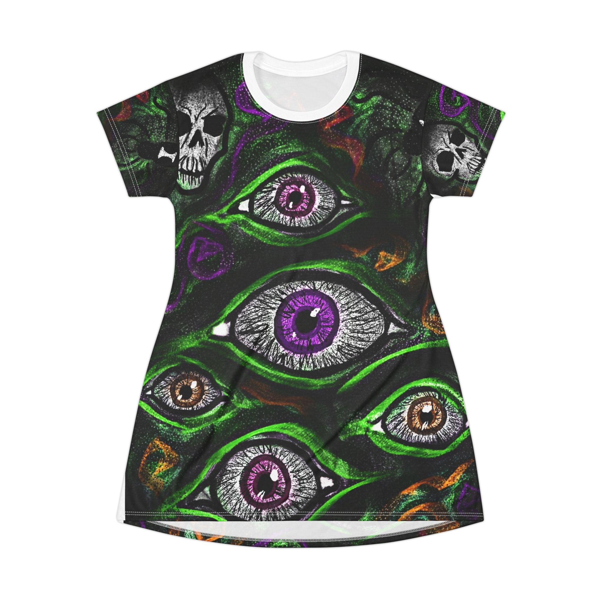 Spooky Graphic T-Shirt Dress - Gaze of the Occult, Halloween Fashion, Witchy Apparel, Festival Wear, Alternative Style