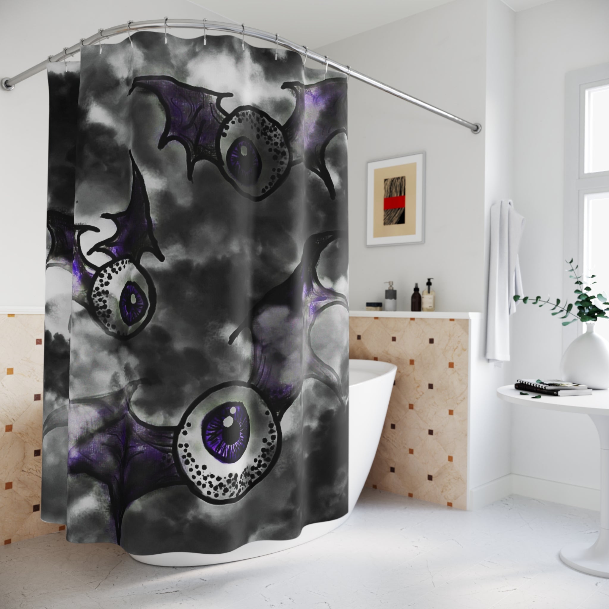 Gothic Bat Shower Curtain, Spooky Bathroom Decor, Halloween Home Accessories, Unique Gift for Horror Lovers, Eerie Eye Design