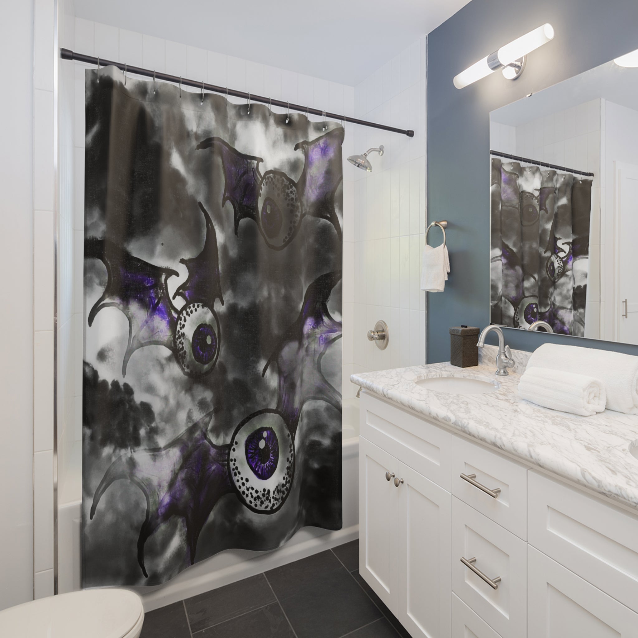 Gothic Bat Shower Curtain, Spooky Bathroom Decor, Halloween Home Accessories, Unique Gift for Horror Lovers, Eerie Eye Design