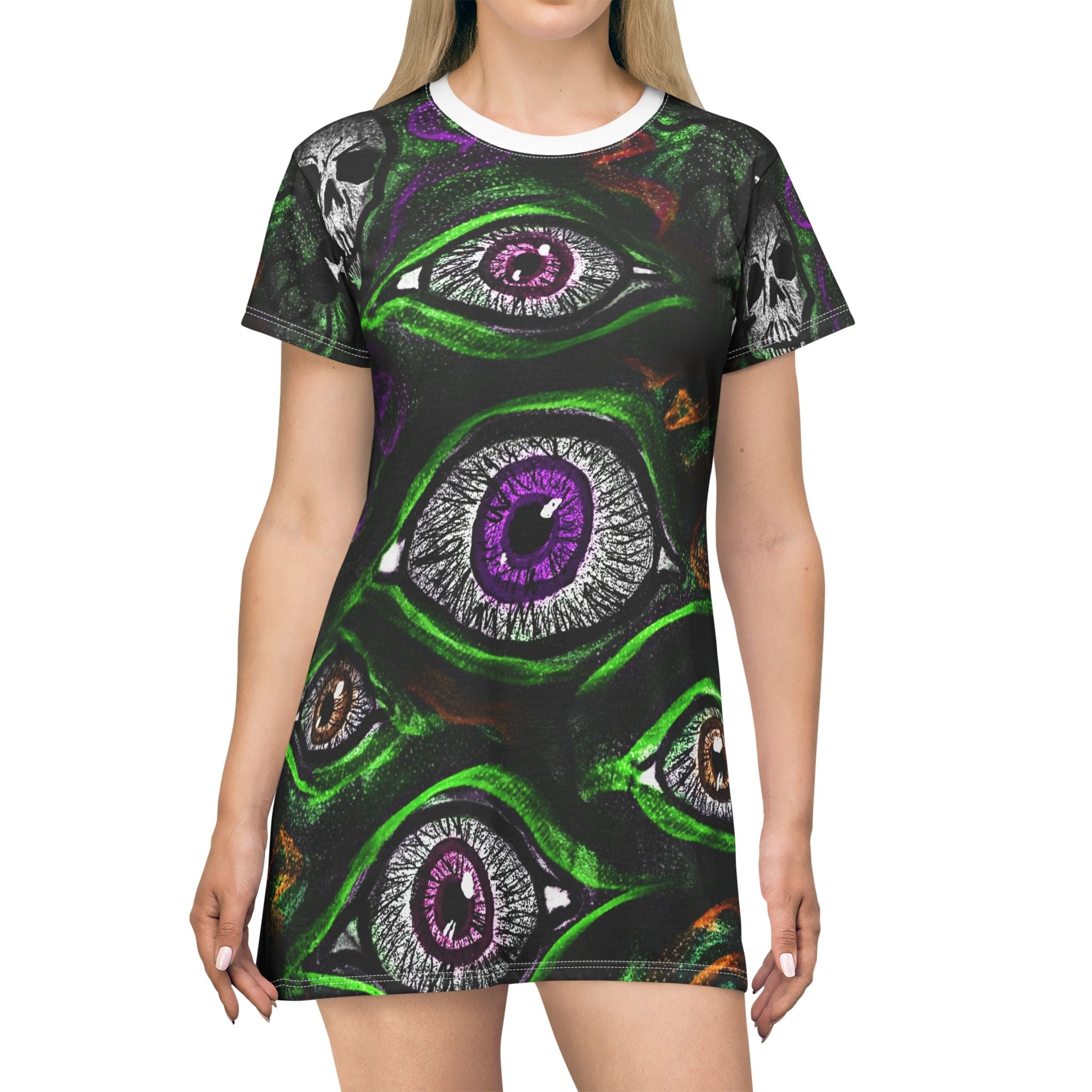 Spooky Graphic T-Shirt Dress - Gaze of the Occult, Halloween Fashion, Witchy Apparel, Festival Wear, Alternative Style